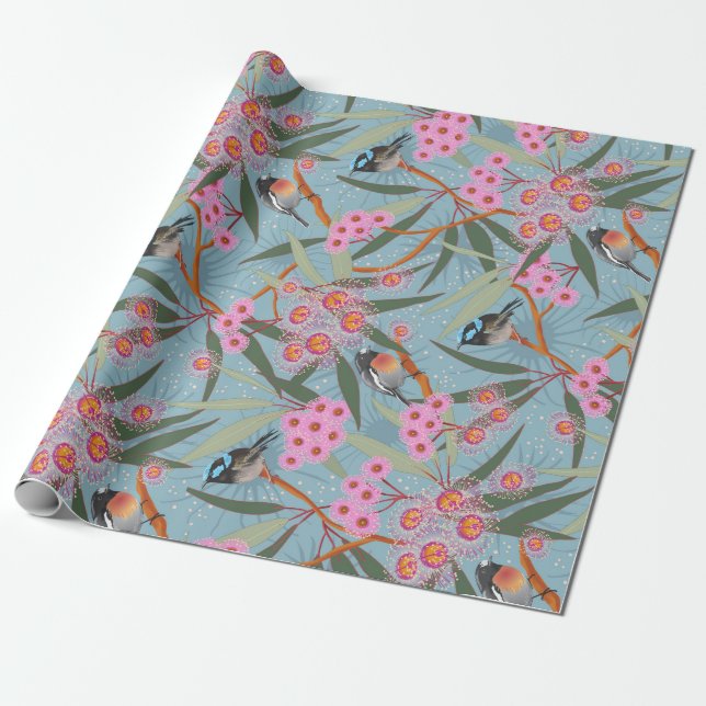 Australian Eucalyptus Flowers with Birds Wrapping Paper (Unrolled)