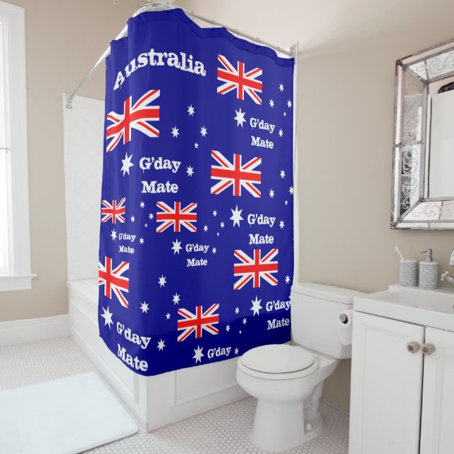 Australian Flag & G'day Mate shower / Australia Shower Curtain (In Situ)