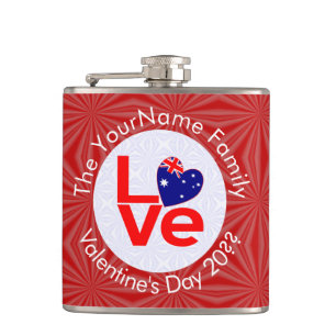 Australian Flag Red Letters LOVE Flag Personalised Hip Flask