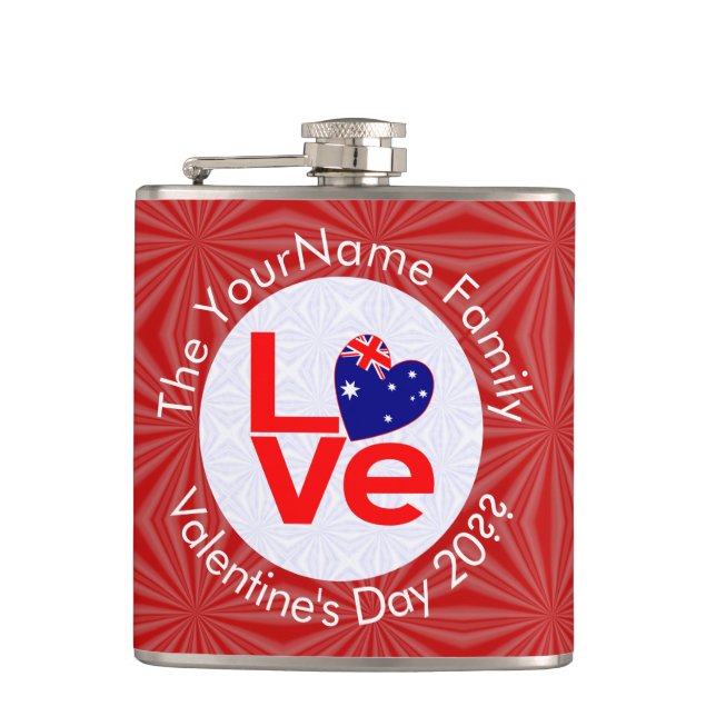 Australian Flag Red Letters LOVE Flag Personalised Hip Flask (Front)