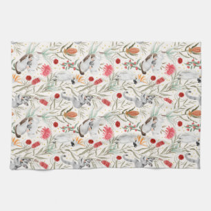 Australian Floral Pattern Koalas Possums Cockatoos Tea Towel