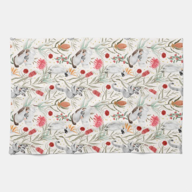 Australian Floral Pattern Koalas Possums Cockatoos Tea Towel (Horizontal)