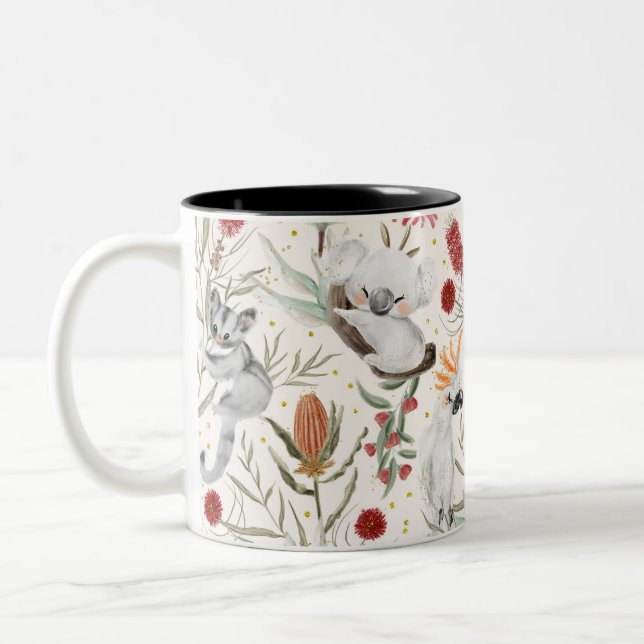 Australian Floral Pattern Koalas Possums Cockatoos Two-Tone Coffee Mug (Left)