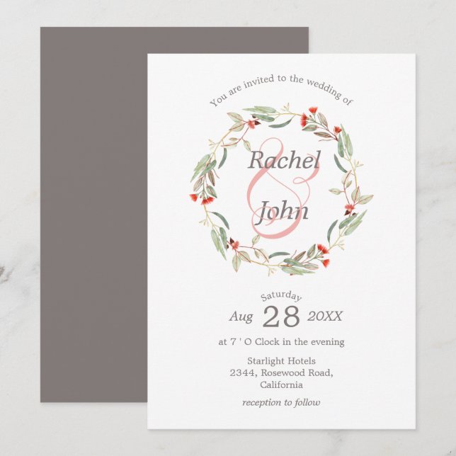 Australian Floral Wreath Grey and Pink Wedding Invitation (Front/Back)