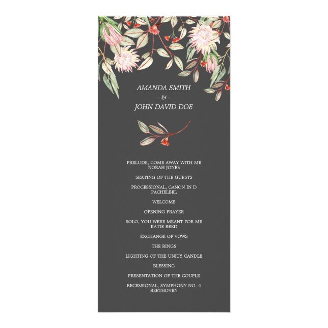 Australian Flowers Grey and Pink Wedding Program Rack Card (Front)