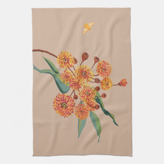 Australian gum tree blossoms and bee tea towel (Vertical)