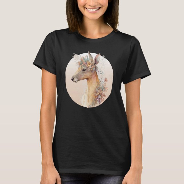Australian Kangaroo Flower Crown Watercolor Animal T-Shirt (Front)