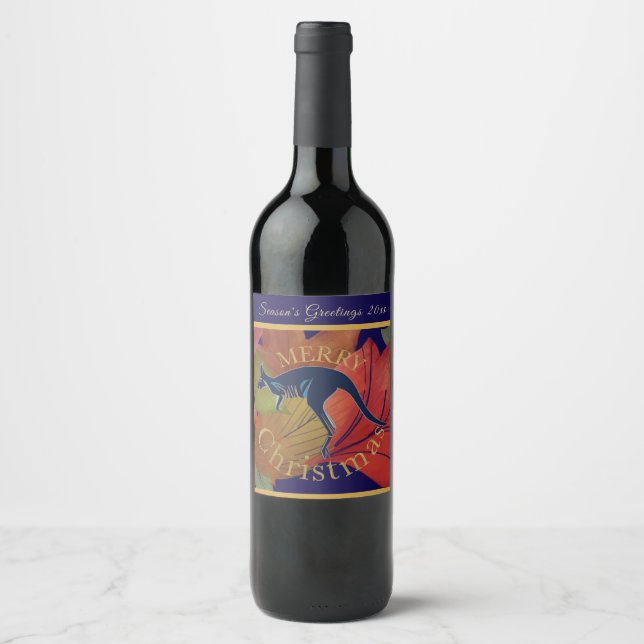 Australian kangaroo Merry Christmas customise Wine Label (Front)