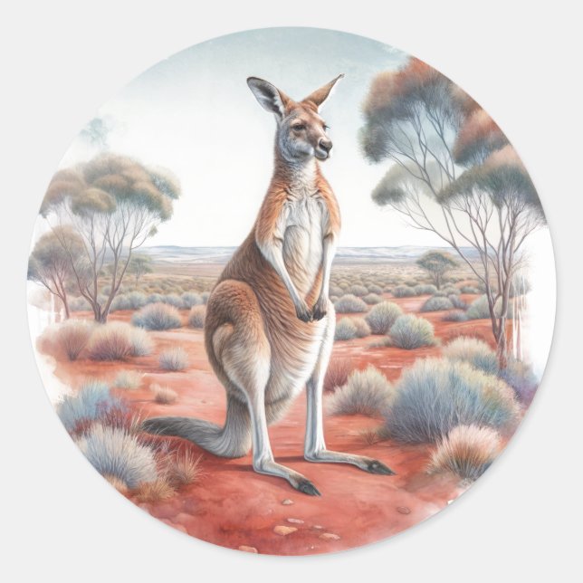 Australian Kangaroo Watercolor Classic Round Sticker (Front)