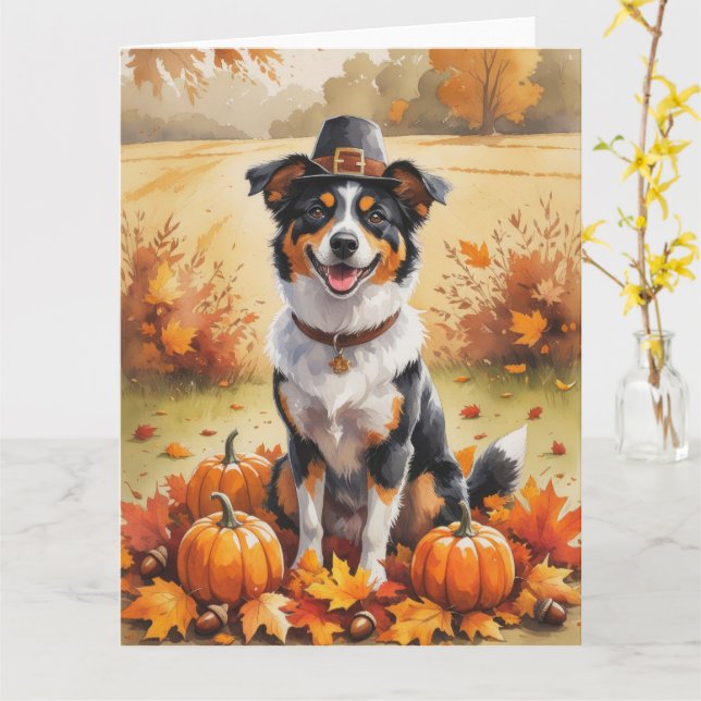Australian Kelpie Autumn Leaves Thanksgiving Art Card (Yellow Flower)