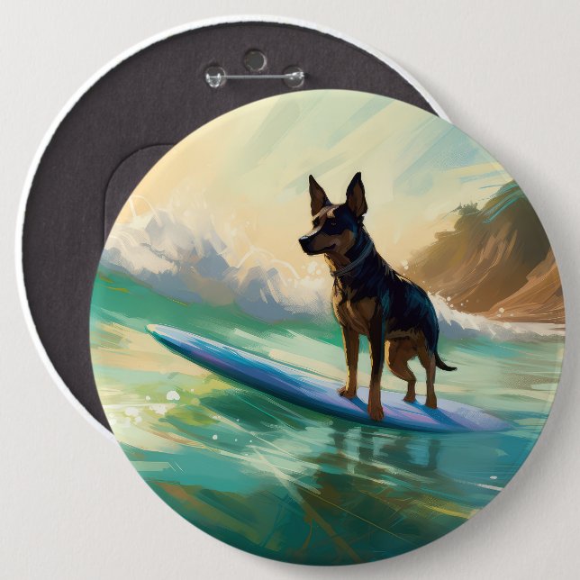 Australian Kelpie Beach Surfing Painting 6 Cm Round Badge (Front & Back)