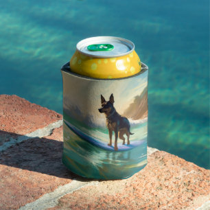 Australian Kelpie Beach Surfing Painting Can Cooler
