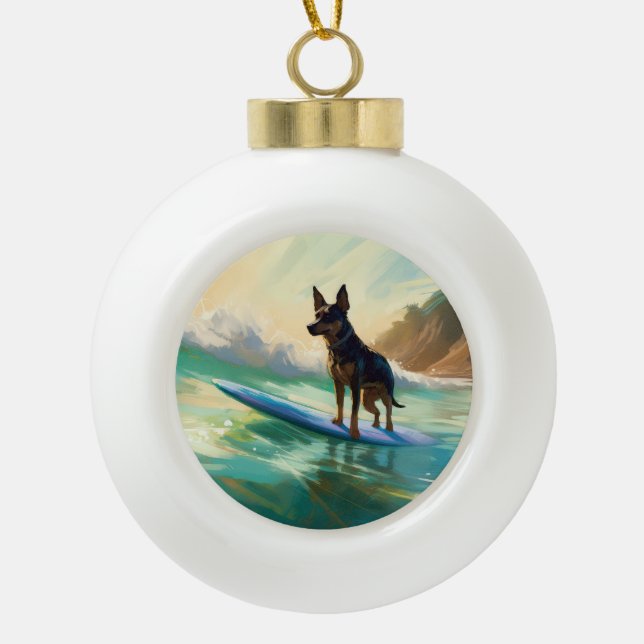 Australian Kelpie Beach Surfing Painting Ceramic Ball Christmas Ornament (Front)