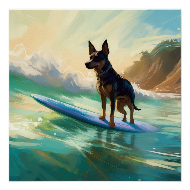 Australian Kelpie Beach Surfing Painting Poster (Front)