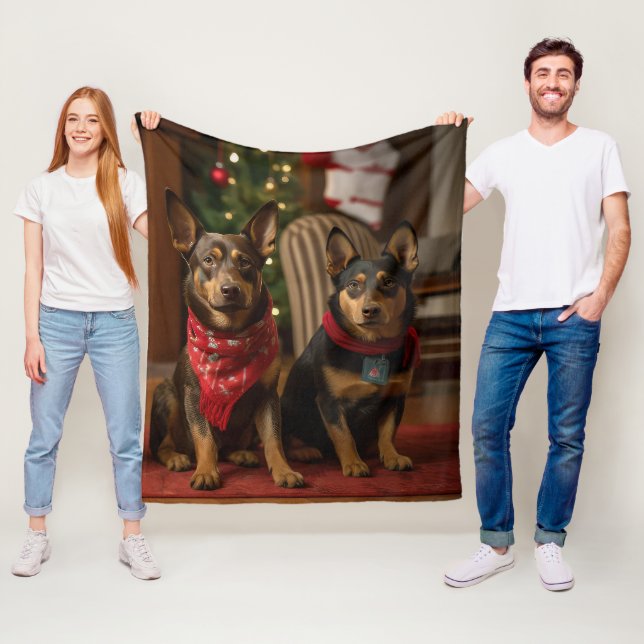 Australian Kelpie by the Fireplace Christmas Fleece Blanket (In Situ)