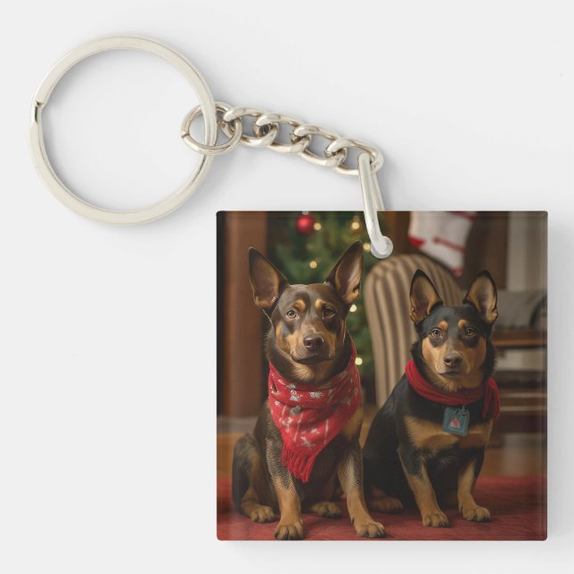 Australian Kelpie by the Fireplace Christmas Key Ring (Front)