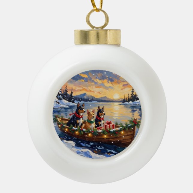 Australian Kelpie Christmas Boat Holiday Ceramic Ball Christmas Ornament (Front)
