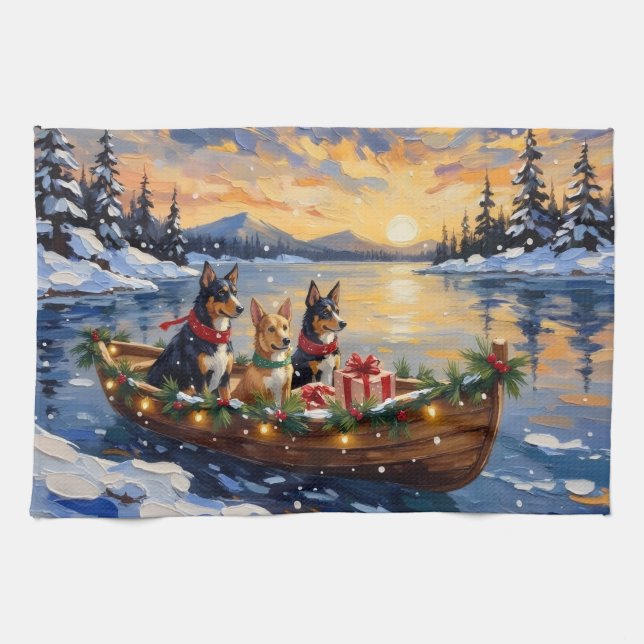 Australian Kelpie Christmas Boat Holiday Tea Towel (Horizontal)