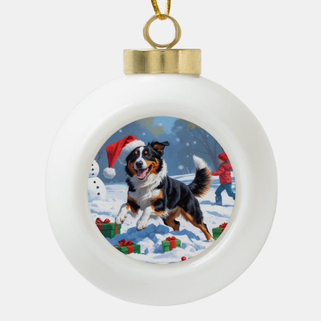 Australian Kelpie Christmas Festive Snow Scene Ceramic Ball Christmas Ornament (Front)