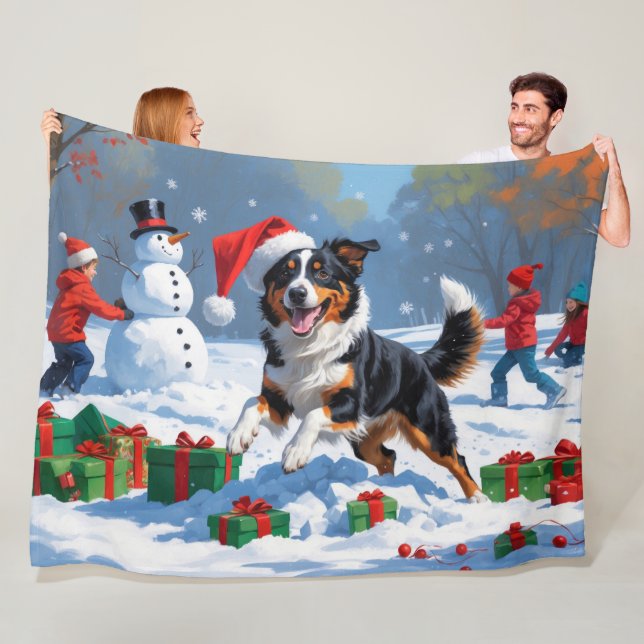Australian Kelpie Christmas Festive Snow Scene Fleece Blanket (In Situ)