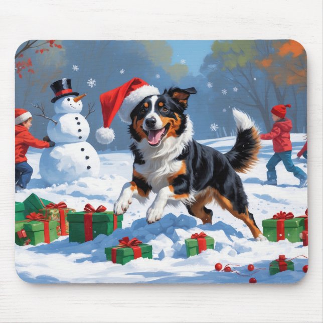 Australian Kelpie Christmas Festive Snow Scene Mouse Mat (Front)