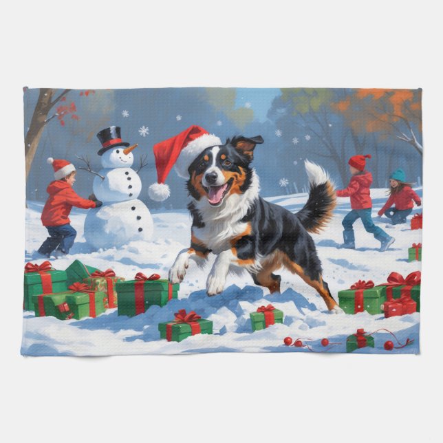 Australian Kelpie Christmas Festive Snow Scene Tea Towel (Horizontal)