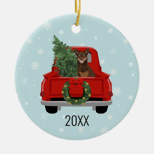 Australian Kelpie Christmas Red Truck Ceramic Tree Decoration (Front)