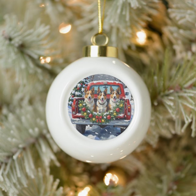 Australian Kelpie Christmas Red Truck Holiday Ceramic Ball Christmas Ornament (Tree)