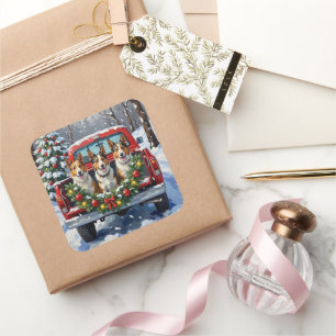 Australian Kelpie Christmas Red Truck Holiday Square Sticker