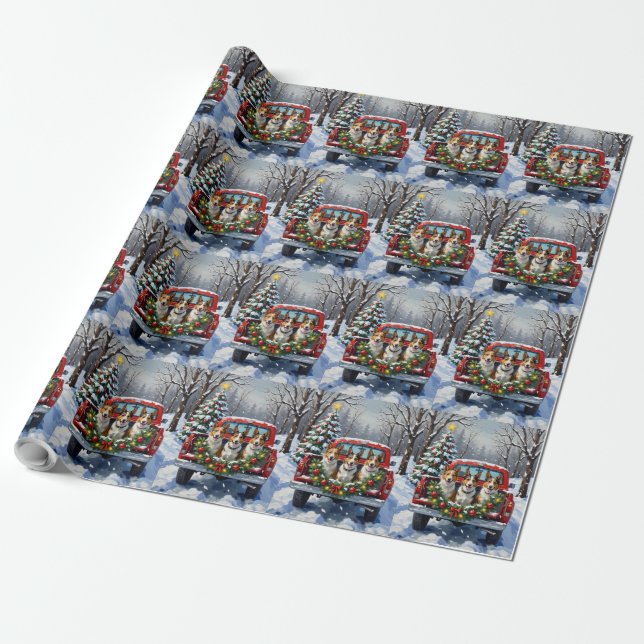 Australian Kelpie Christmas Red Truck Holiday Wrapping Paper (Unrolled)