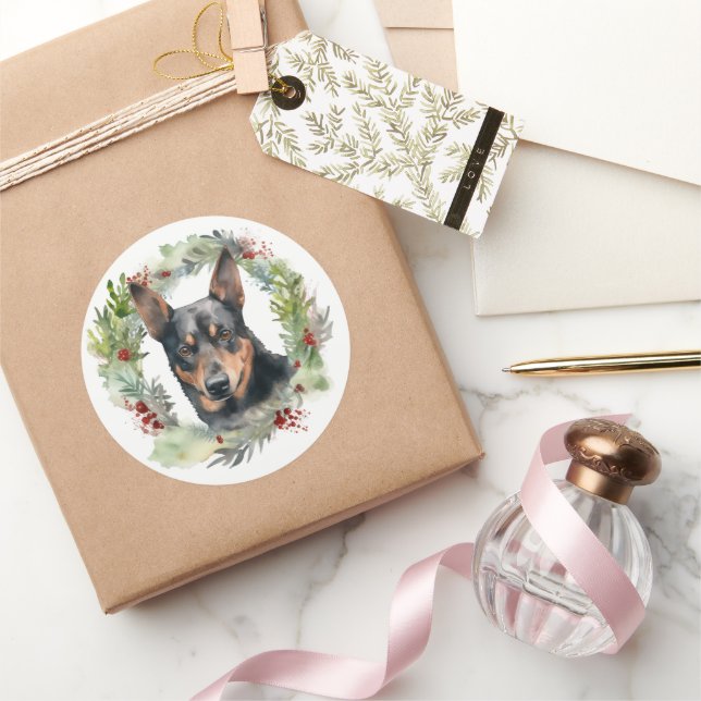 Australian Kelpie Christmas Wreath Festive Pup  Classic Round Sticker (Gifting)