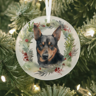 Australian Kelpie Christmas Wreath Festive Pup  Glass Tree Decoration