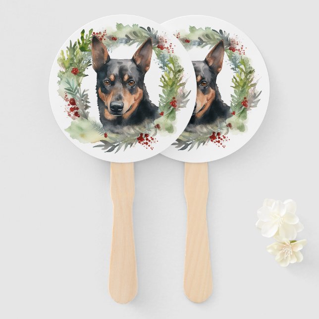 Australian Kelpie Christmas Wreath Festive Pup  Hand Fan (Front and Back)