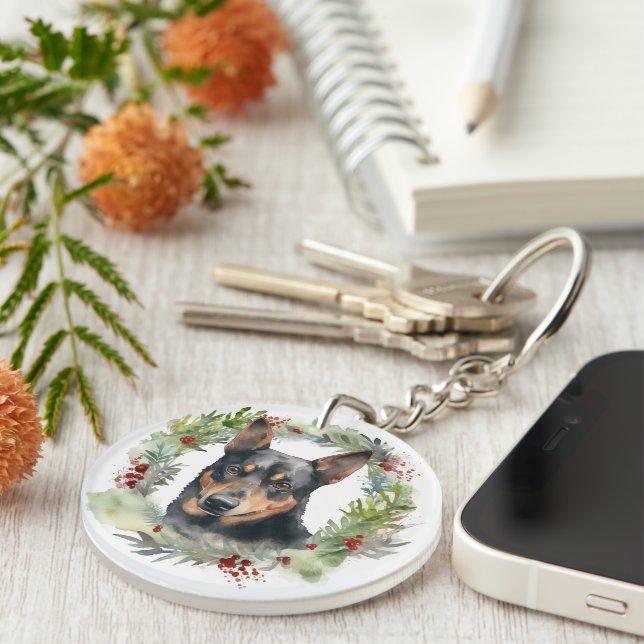 Australian Kelpie Christmas Wreath Festive Pup  Key Ring (Front Right)