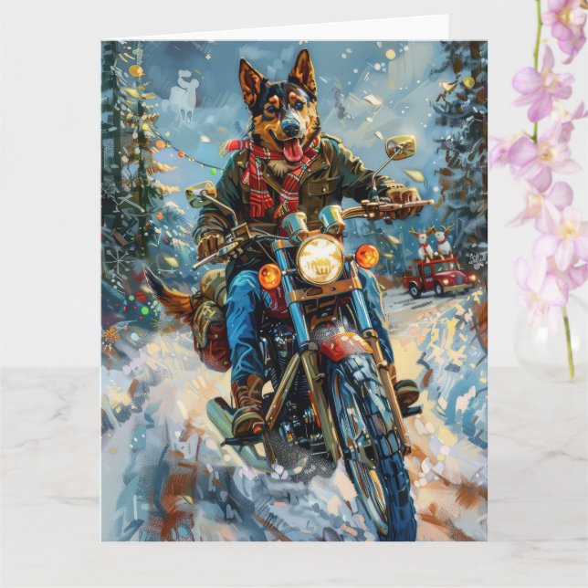 Australian Kelpie Dog Riding Motorcycle Christmas Card (Orchid)