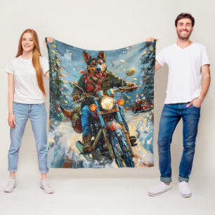 Australian Kelpie Dog Riding Motorcycle Christmas Fleece Blanket
