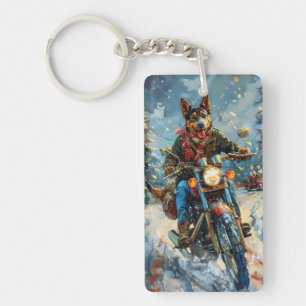 Australian Kelpie Dog Riding Motorcycle Christmas Key Ring