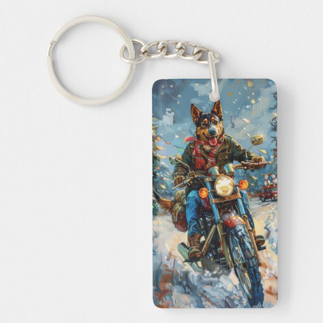 Australian Kelpie Dog Riding Motorcycle Christmas Key Ring (Front)