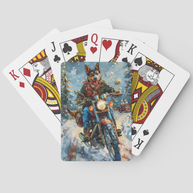 Australian Kelpie Dog Riding Motorcycle Christmas Playing Cards (Back)