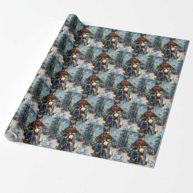 Australian Kelpie Dog Riding Motorcycle Christmas Wrapping Paper (Unrolled)