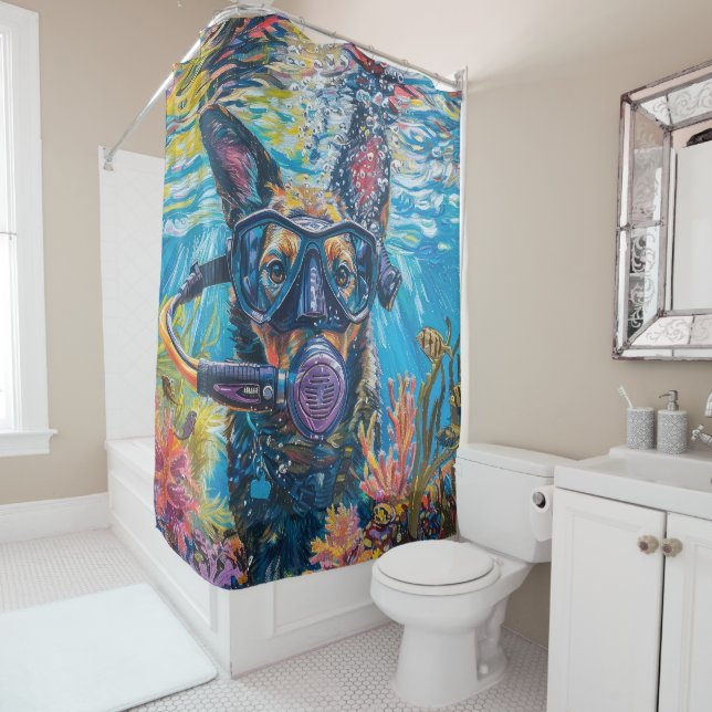 Australian Kelpie Dog Scuba Diving Underwater Shower Curtain (In Situ)