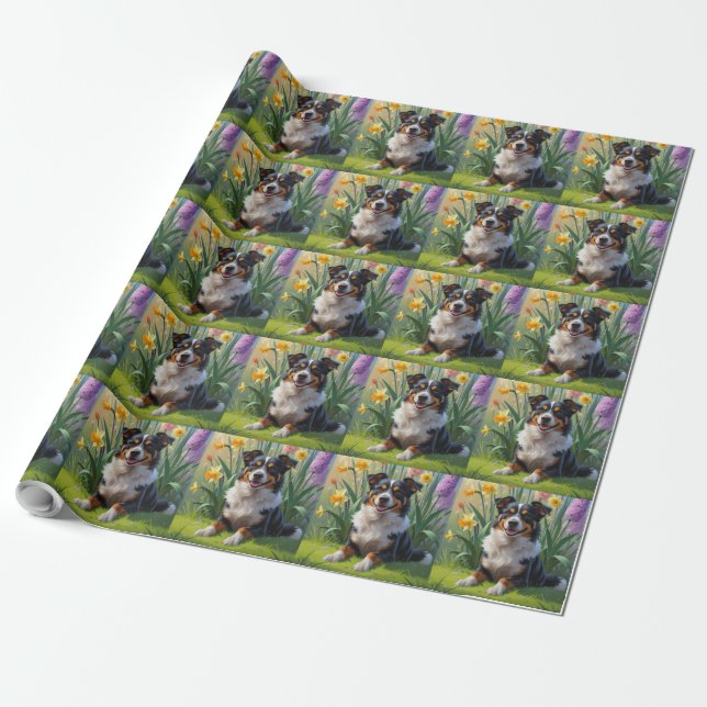 Australian Kelpie Dog Spring Flowers Painting Wrapping Paper (Unrolled)