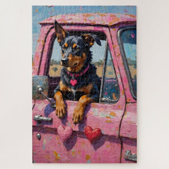Australian Kelpie Dog Valentine's Day Pink Ute Jigsaw Puzzle (Vertical)