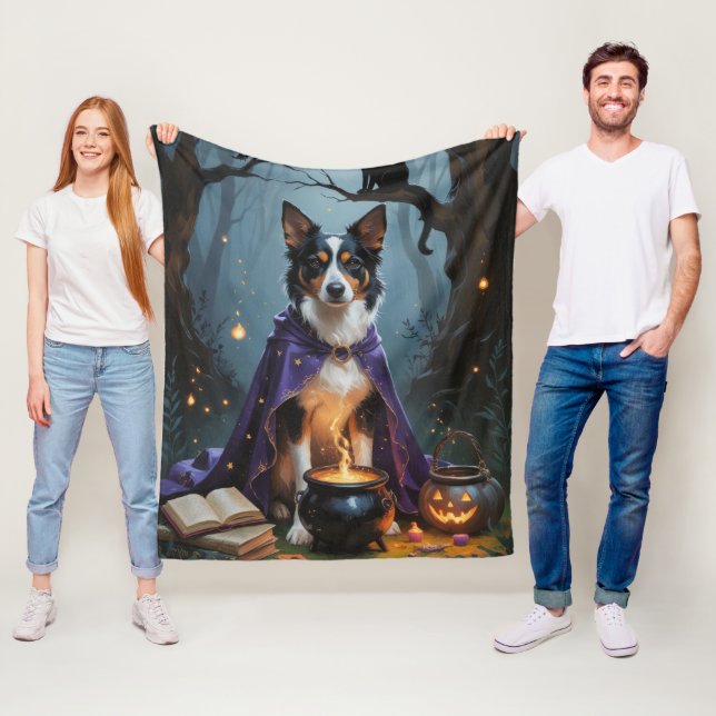 Australian Kelpie Dog Whimsical Halloween Painting Fleece Blanket (In Situ)