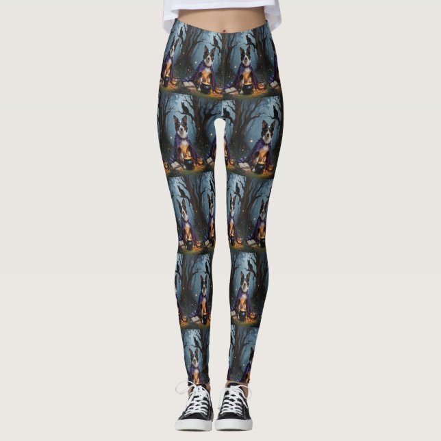 Australian Kelpie Dog Whimsical Halloween Painting Leggings (Front)