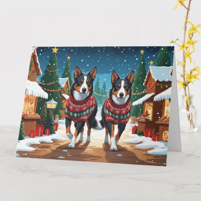Australian Kelpie Dogs Christmas Snow Holiday Card (Yellow Flower)