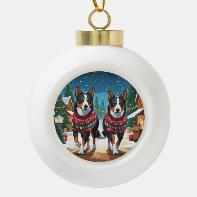 Australian Kelpie Dogs Christmas Snow Holiday Ceramic Ball Christmas Ornament (Front)