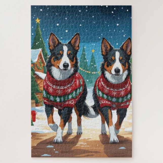 Australian Kelpie Dogs Christmas Snow Holiday Jigsaw Puzzle (Vertical)