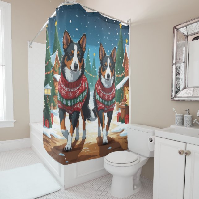 Australian Kelpie Dogs Christmas Snow Holiday Shower Curtain (In Situ)