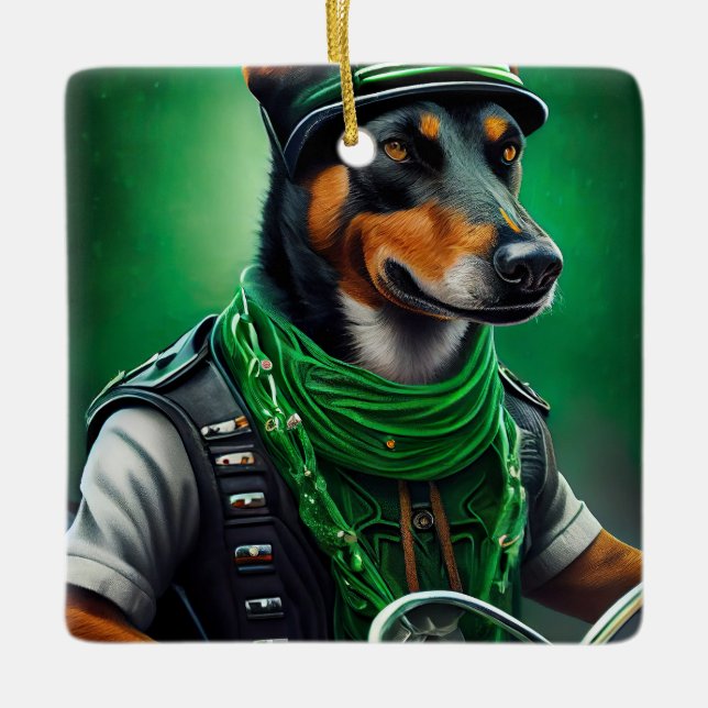 Australian Kelpie driving bike St. Patrick's Day Ceramic Ornament (Front)